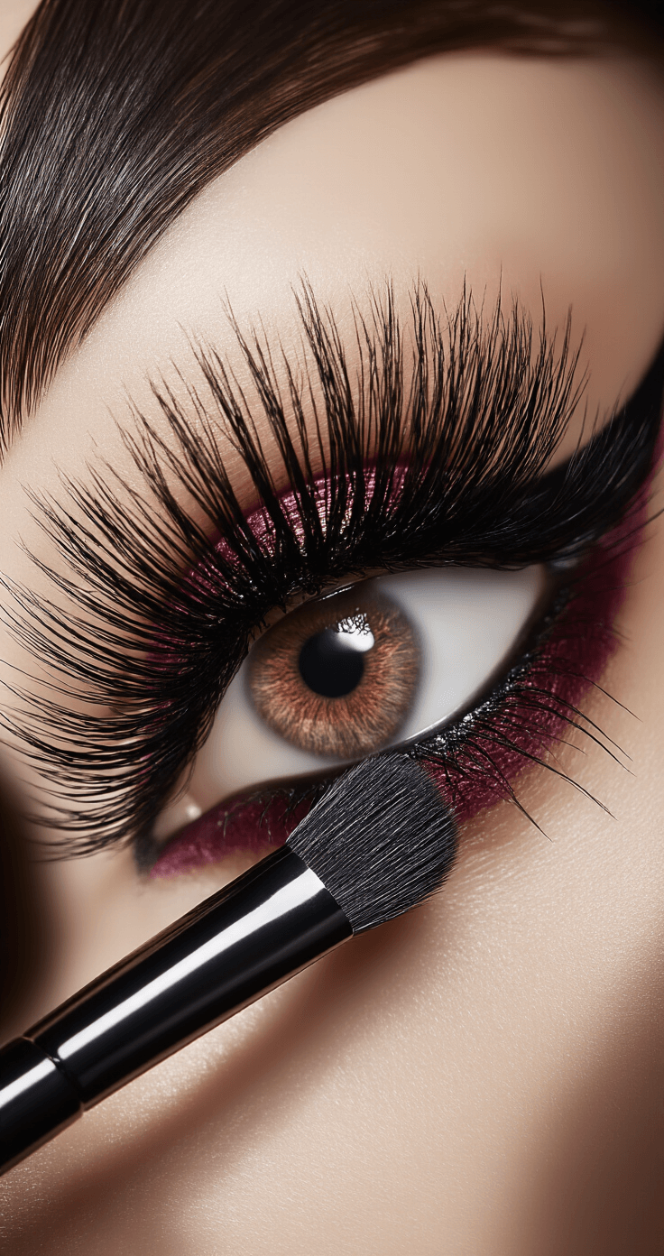 Close-up of striking fox-eye makeup with sharp black eyeliner and voluminous lashes, highlighted by moody studio lighting, featuring deep burgundy and copper tones. Professional makeup brushes and cosmetics are arranged on a dark marble surface.