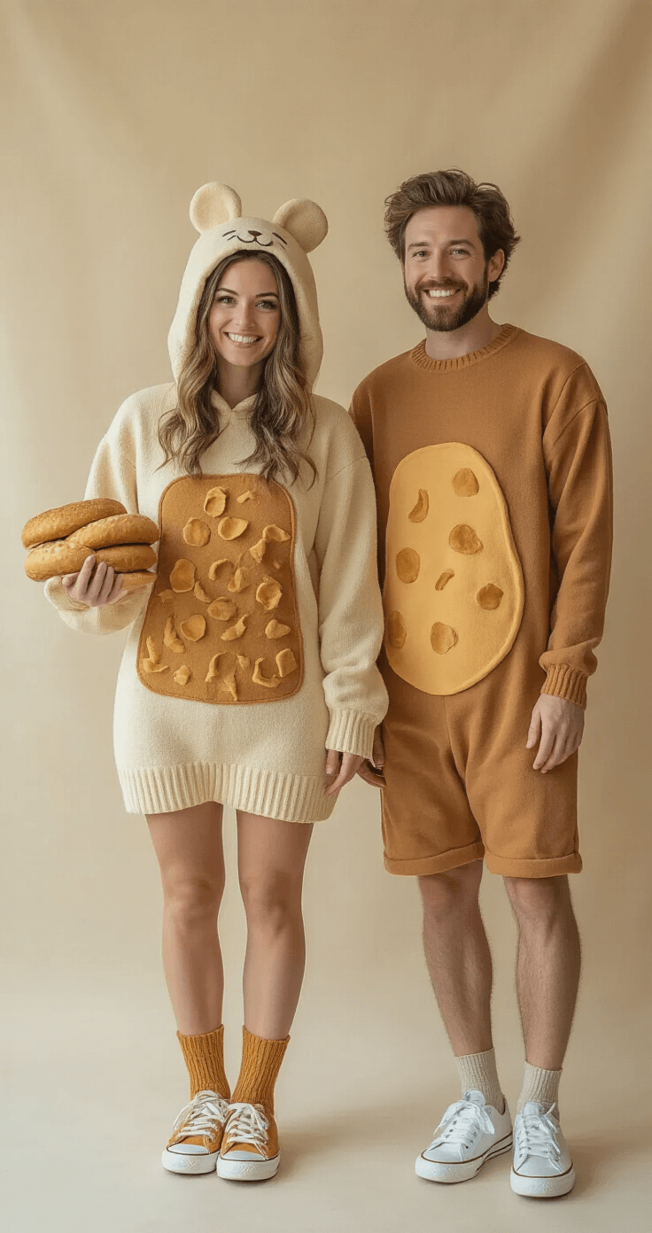 A couple wearing playful food-themed costumes in a minimalist studio; the woman models a cream peanut butter costume with warm brown accents and soft textures, complemented by comfortable sneakers, set against a neutral backdrop with bright lighting highlighting the details.