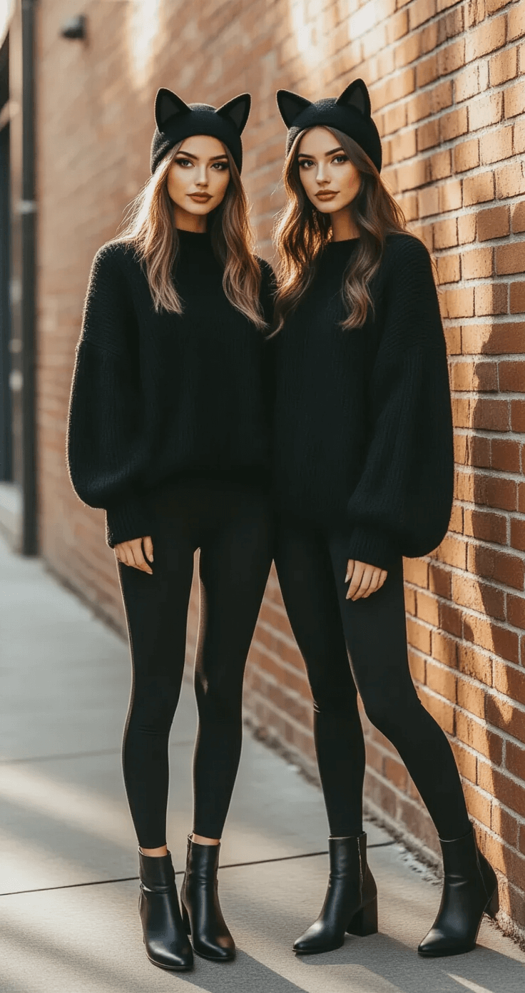 A couple poses in an urban setting for street style photography, showcasing low-effort costumes. She wears a chic black cat outfit featuring leggings, an oversized sweater, cat ears, and ankle boots, with late afternoon light casting dramatic shadows against a brick wall.