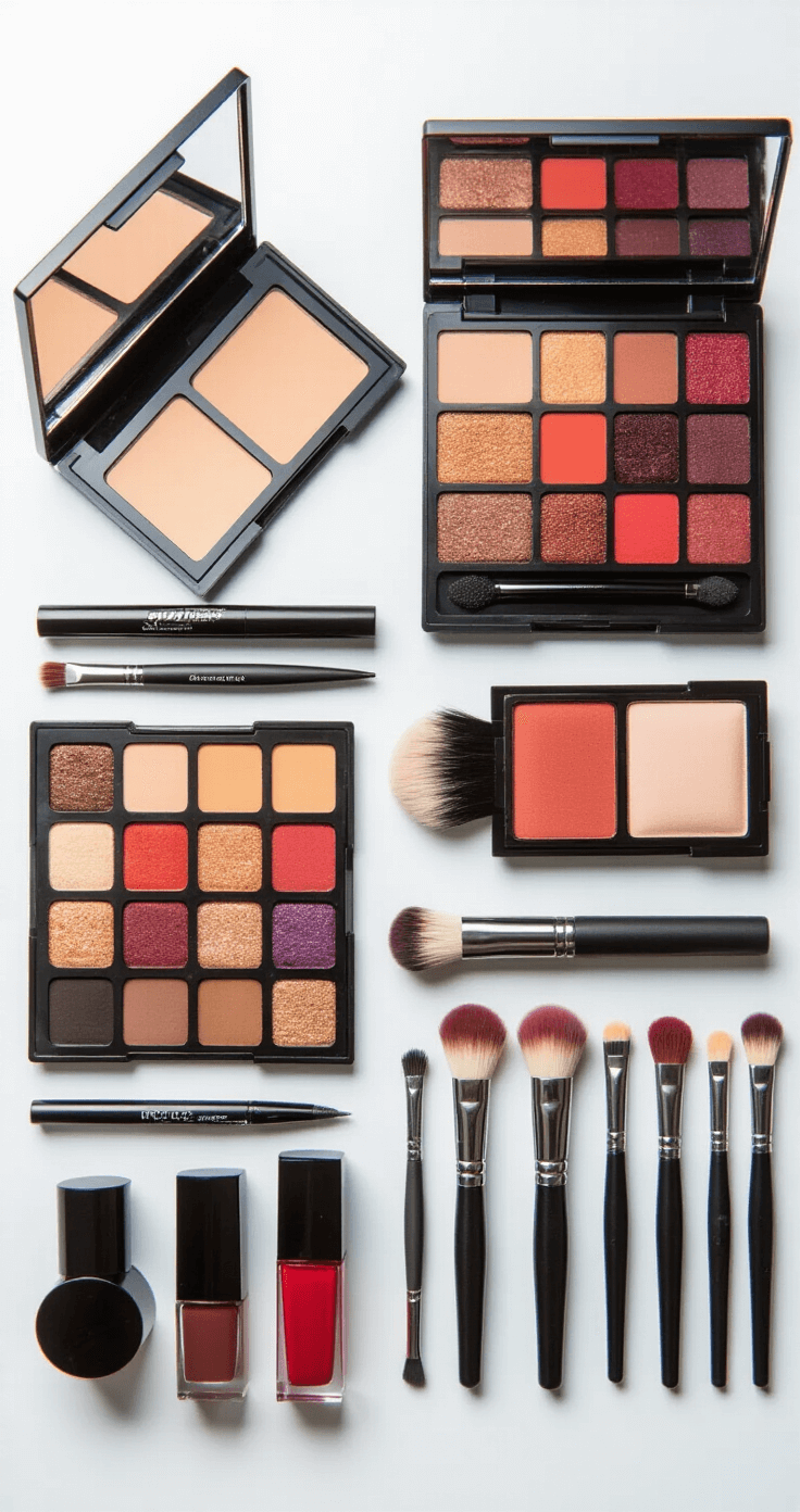 Organized flat lay of a complete high-end cosplay makeup collection on white marble, featuring pale foundations, reddish-brown eyeshadow palettes, liquid eyeliners, false lashes, dark red lipsticks, and professional makeup brushes, all presented in a clean and minimalist aesthetic with perfect studio lighting.