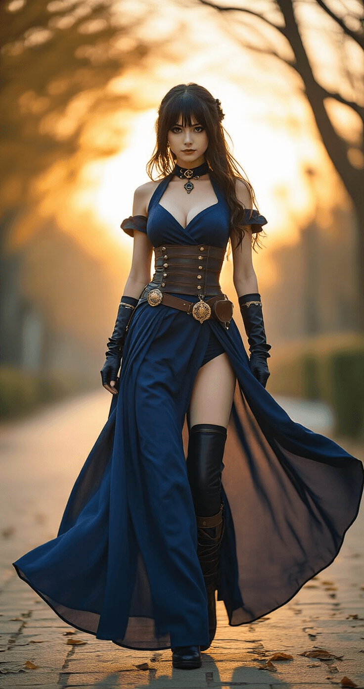 A female cosplay model in a dynamic navy outfit with flowing fabrics and luxurious accessories poses during a stylish outdoor photoshoot at golden hour, directed by a fashion photographer. The scene features rich jewel tones of sapphire and emerald, dramatic lighting, and professional fashion photography showcasing sophisticated anime-inspired styling.