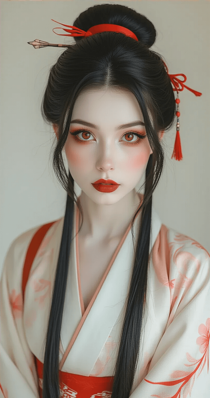 Full portrait of a model in Hu Tao cosplay makeup, featuring porcelain skin, fox-eyes, and dark red lips, captured in soft lighting against a neutral background, showcasing intricate eye details and natural pose.