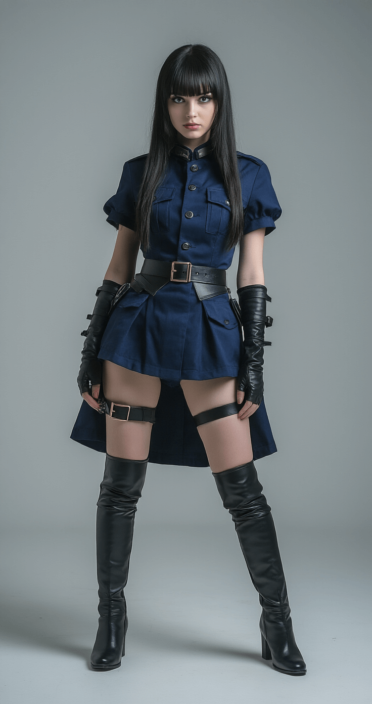 A female model poses in a modern photography studio, showcasing a structured navy cosplay costume with precise accessory arrangements. The image highlights professional styling details, including crisp cotton materials and polished leather elements, captured with controlled lighting and a professional camera angle.