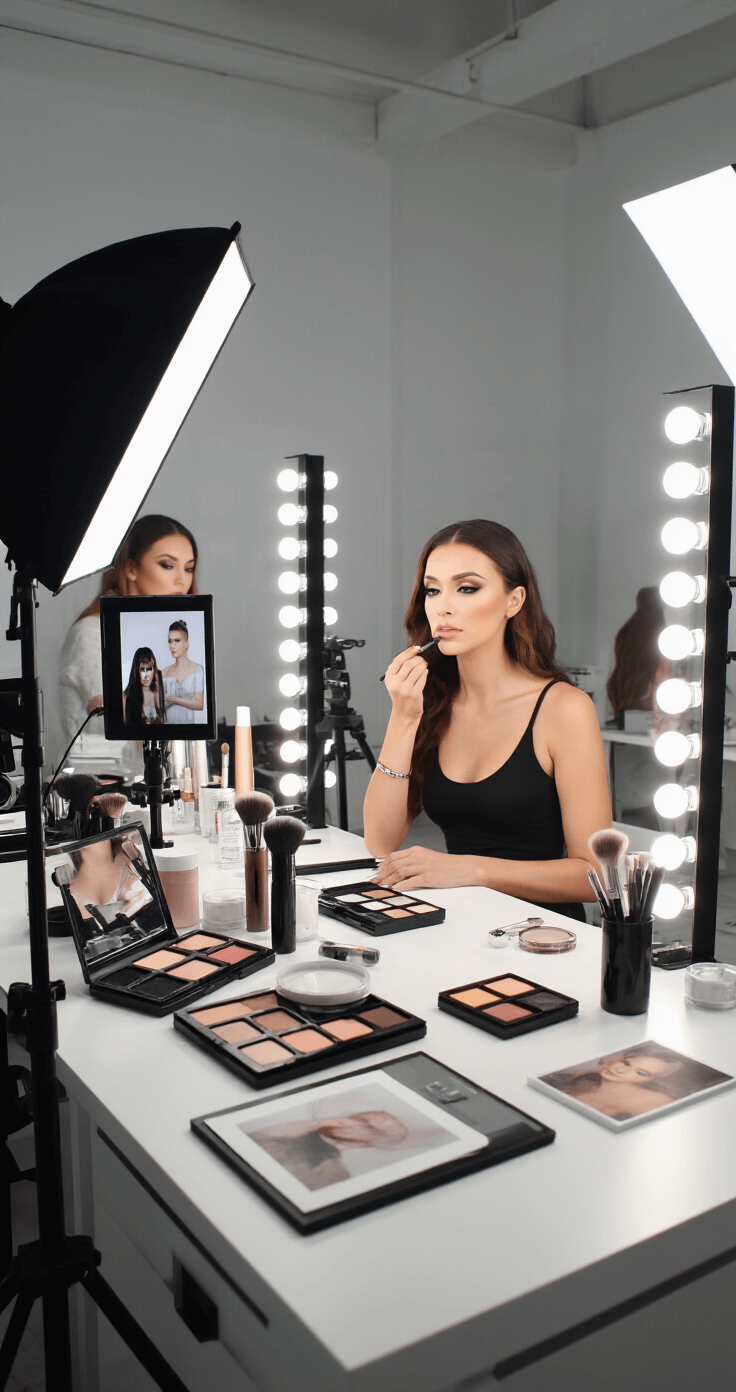 Behind-the-scenes shot of a bright, airy makeup studio showcasing multiple stages of a makeup transformation, featuring organized cosmetics, a professional lighting setup, and modern photography equipment.
