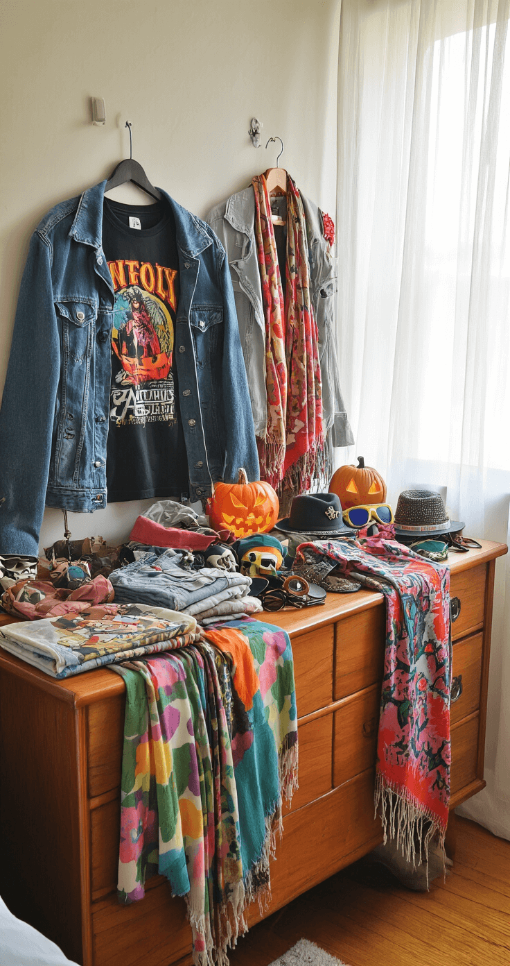 A cozy apartment bedroom with a wooden dresser displaying thrift store Halloween costume finds, including vintage band t-shirts, denim jackets, colorful scarves, and retro sunglasses. Natural morning light filters through sheer curtains, accentuating the eclectic textures and colors of the outfit pieces.