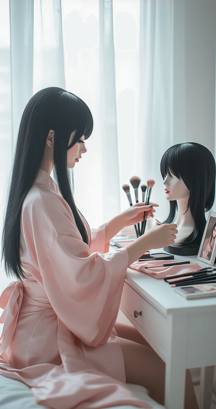 A young woman with sleek black hair prepares cosplay accessories on a white wooden vanity in a modern minimalist bedroom, illuminated by natural morning light filtering through sheer curtains. The scene features pink silk kimono fabric, a black wig on a mannequin head, makeup brushes, and character reference photos, all arranged in a soft, neutral palette with blush pink accents.