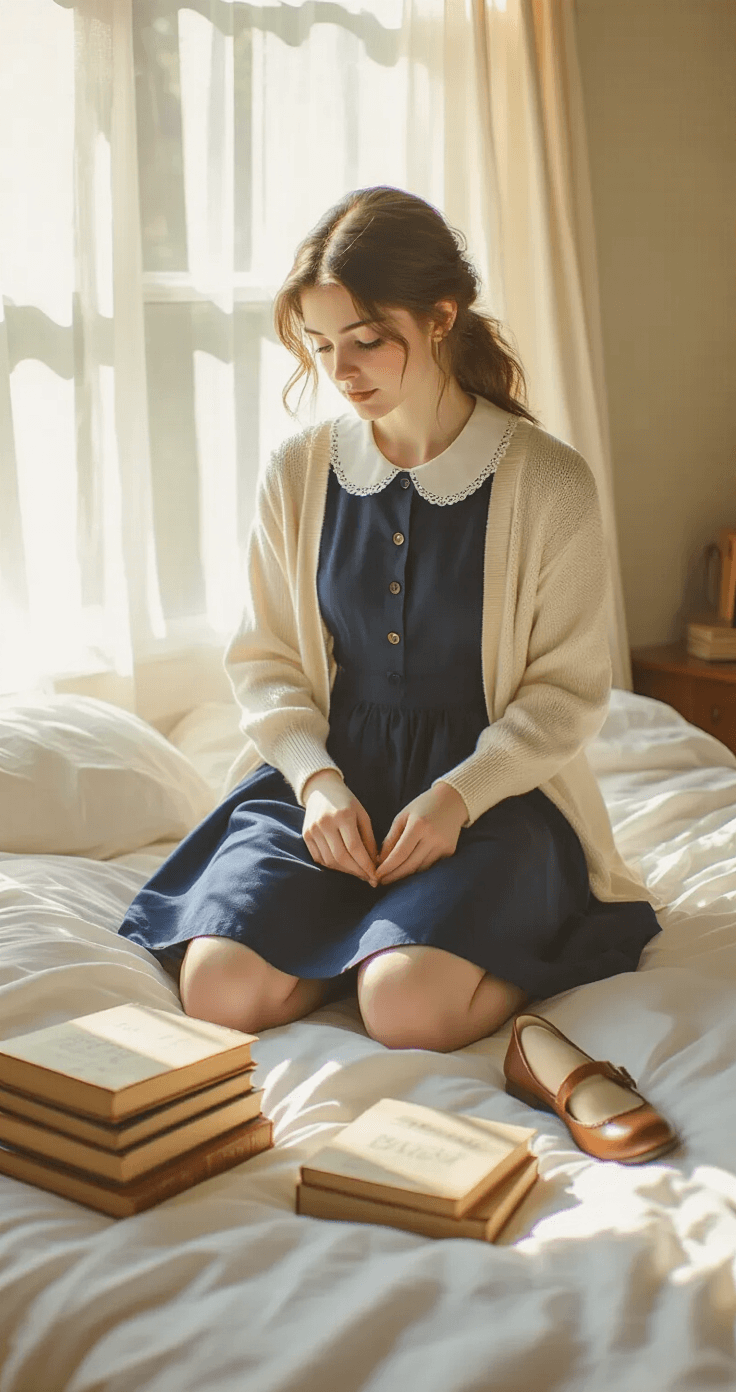 World Book Day Costumes: The Ultimate Guide to Epic Character Dressing Up! A young woman in a sunlit bedroom arranges a vintage Matilda-inspired outfit on a white linen bed, featuring a navy blue dress, a cream cardigan, and brown leather Mary Jane shoes, with a stack of worn paperback books nearby, bathed in warm golden light from sheer curtains.