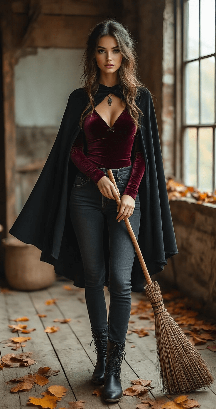 World Book Day Costumes: The Ultimate Guide to Epic Character Dressing Up! A Bohemian woman in a rustic studio space designs a Room on the Broom witch costume, wearing a flowing burgundy velvet top, dark wash skinny jeans, and a black wool cape. She stands by a wooden broomstick prop surrounded by scattered autumn leaves, with moody afternoon lighting streaming through industrial windows, creating an earthy color palette.