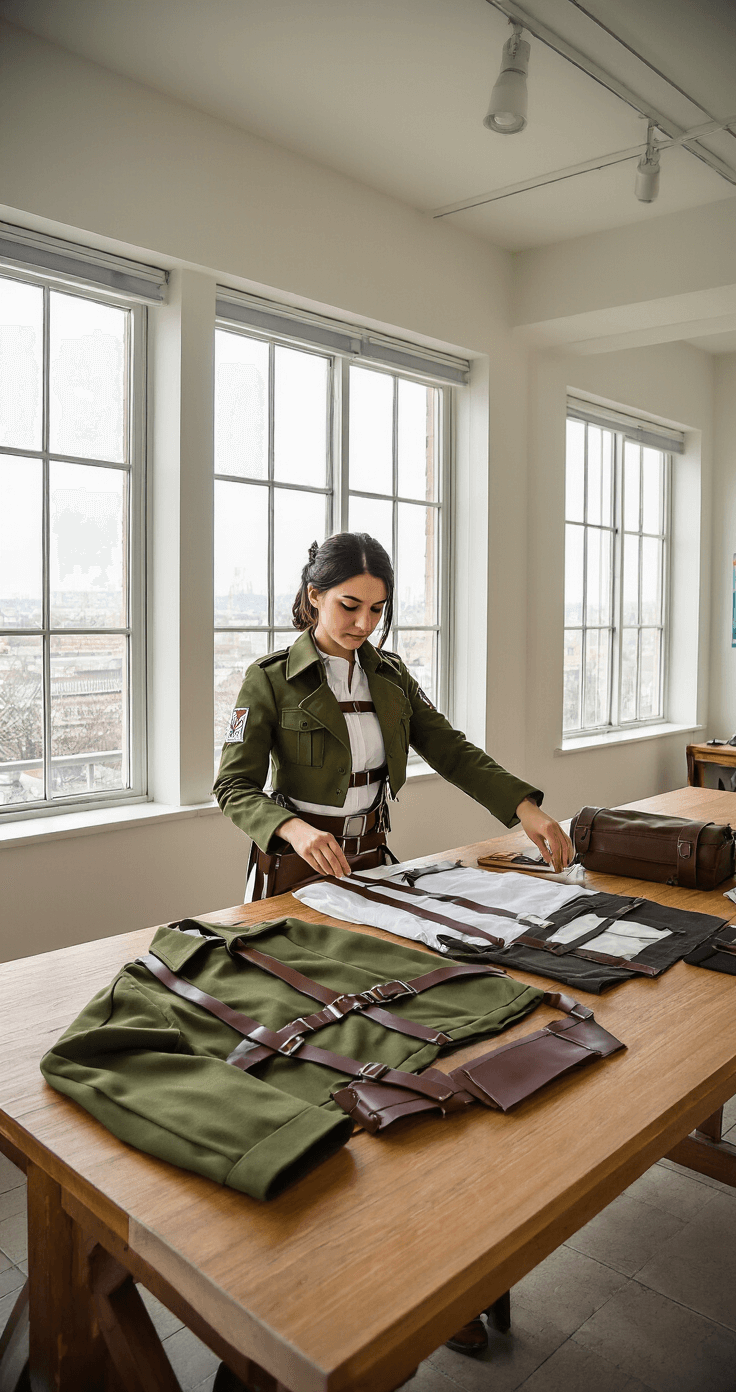 A bright studio workspace featuring a female designer organizing Attack on Titan's Survey Corps uniform pieces on a large wooden table, illuminated by natural daylight. The items include an olive green wool jacket, brown leather harness straps, a white cotton shirt, and dark pants, showcasing a creative and organized process with rich textures and earth-tone colors.