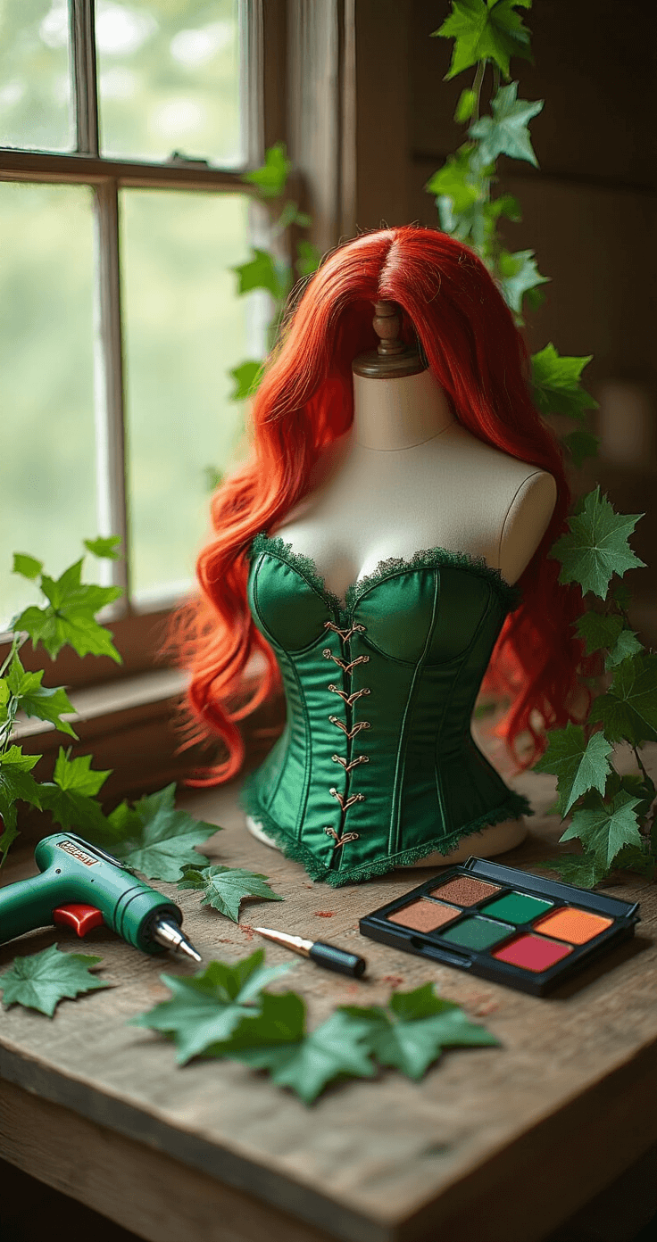 Unleash Your Inner Poison Ivy: The Ultimate Cosplay Close-up flat lay of Poison Ivy cosplay essentials on a rustic wooden surface, featuring a deep forest green corset, realistic artificial ivy strands, a vibrant red wig, an emerald makeup palette, and crimson lipstick, with a hot glue gun and leaf accessories scattered about, illuminated by soft morning light.