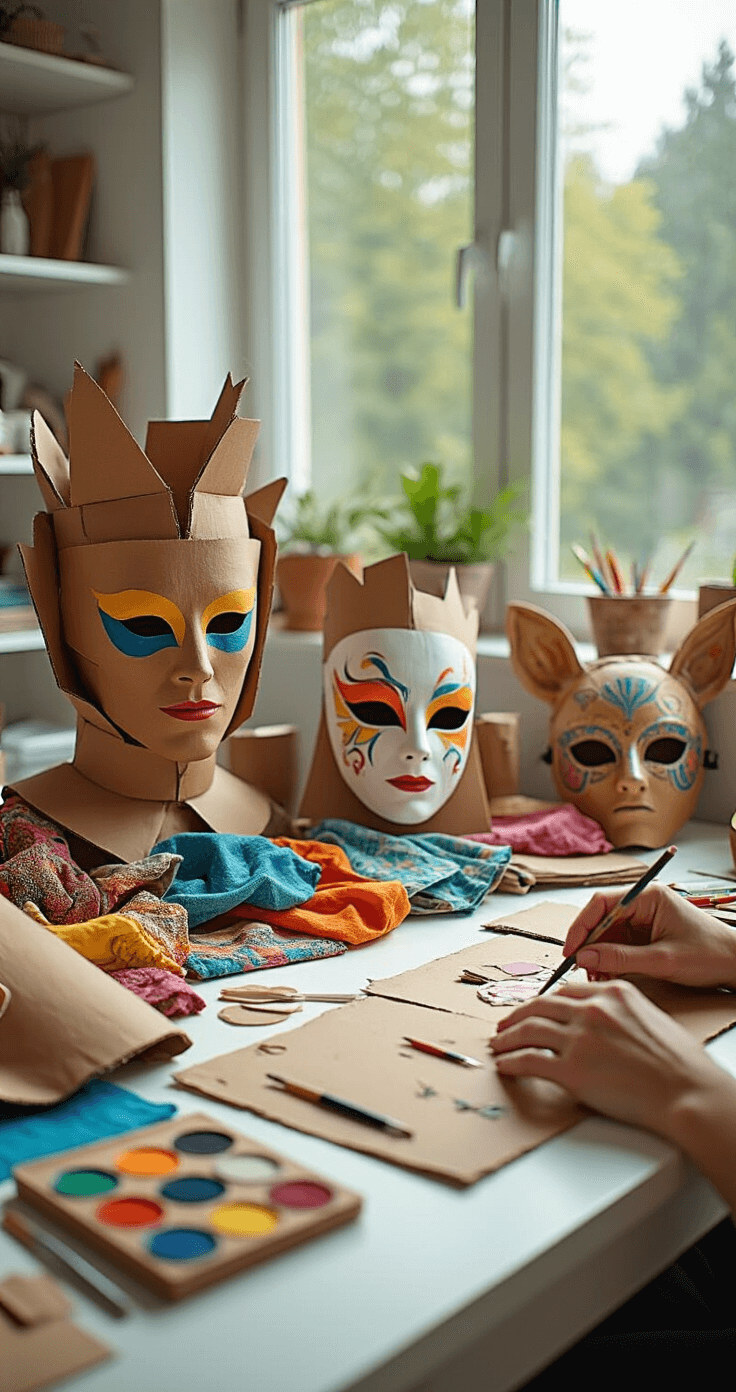 World Book Day Costumes: The Ultimate Guide to Epic Character Dressing Up! A bright craft room filled with DIY costume elements, showcasing a white work table cluttered with cardboard props, colorful fabric scraps, a face paint palette, and handmade masks, all illuminated by natural daylight from large windows. Close-up shots feature hands crafting accessories amidst organized creative chaos.