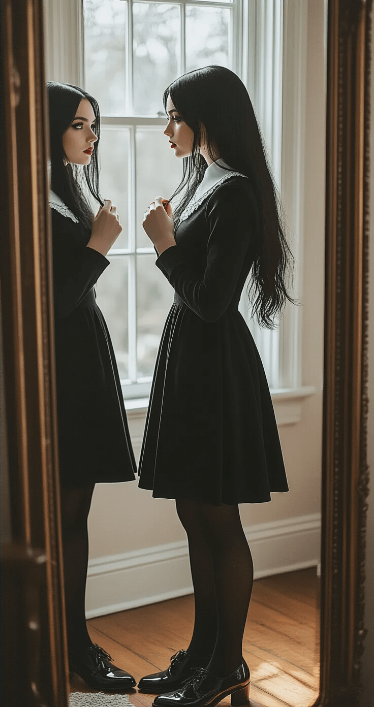 A young woman with long black hair stands in a cozy living room, softly illuminated by afternoon light. She is trying on a Wednesday Addams inspired gothic outfit with a black wool dress featuring a white collar, dark tights, and patent leather shoes. Captured from the side, she adjusts her collar while gazing into a full-length mirror amidst vintage furniture in a warm, inviting space with a monochrome palette.