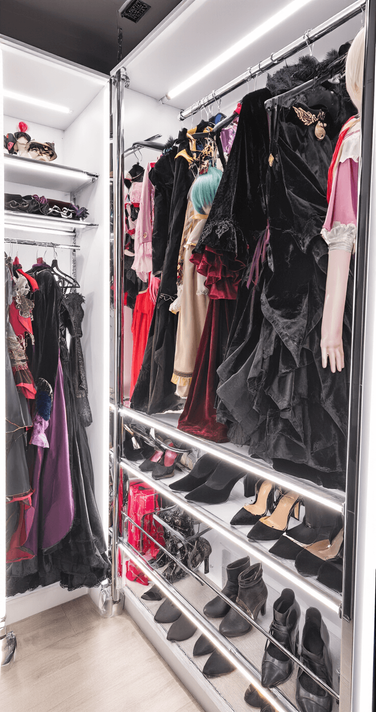 A model in a modern walk-in closet with LED strip lighting organizes a variety of black-haired character costumes on chrome clothing racks, featuring colorful anime-inspired outfits, gothic dresses, and fantasy cloaks, all in rich jewel tones and diverse fabric textures.
