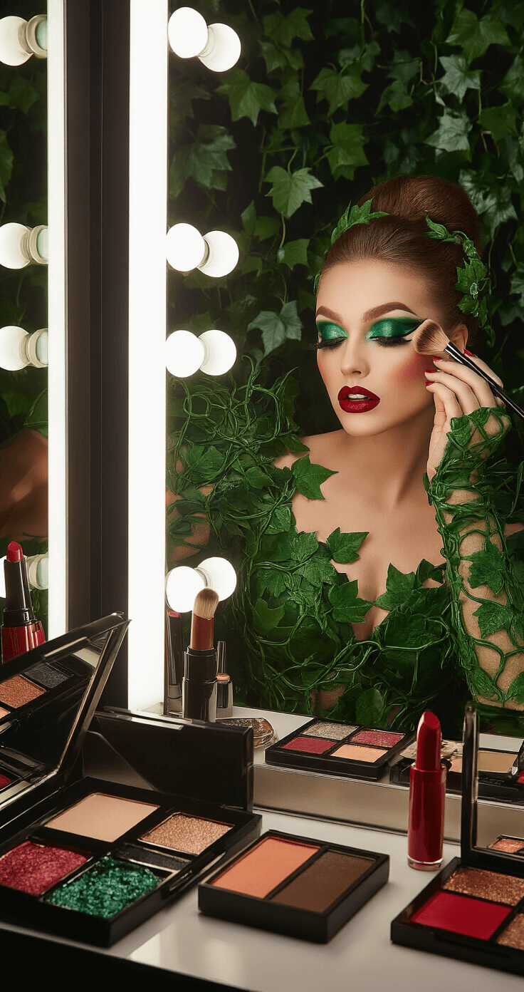 Unleash Your Inner Poison Ivy: The Ultimate Cosplay A subject applies bold emerald eyeshadow in a well-lit vanity mirror setup, wearing an ivy-covered costume, surrounded by makeup products including contour palettes, false lashes, and vine-inspired face paint. The scene features rich jewel-tone colors and soft ring lighting that highlights the makeup artistry.