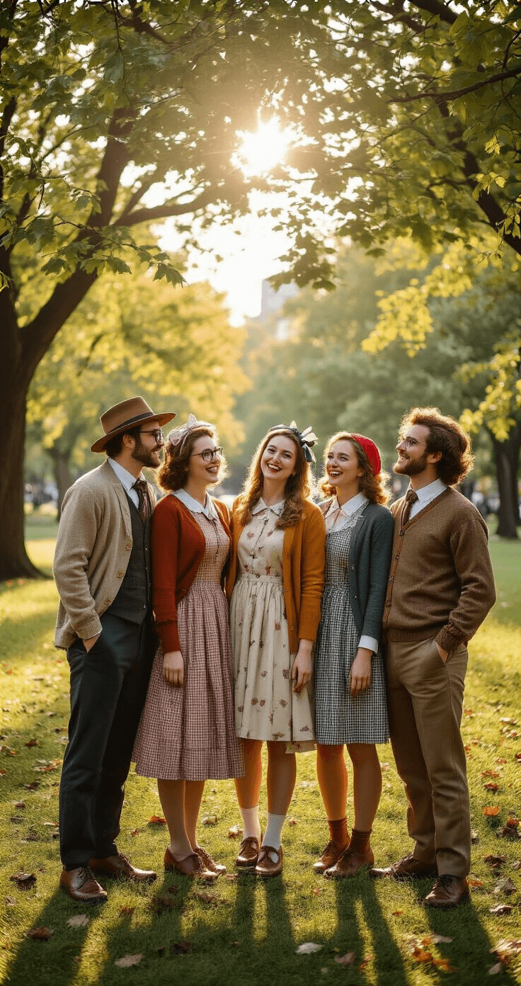 World Book Day Costumes: The Ultimate Guide to Epic Character Dressing Up! A group of friends dressed in matching Roald Dahl character outfits, featuring vintage-inspired dresses and quirky accessories, joyfully posed in an urban park under dappled sunlight. The scene captures their laughter and coordinated costume styling, bathed in a warm golden hour glow.