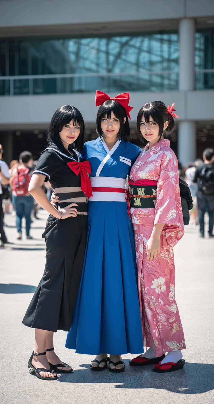 A group of female cosplayers dressed as Kiki from 'Kiki's Delivery Service,' Mikasa from 'Attack on Titan,' and Nezuko from 'Demon Slayer' pose in a sunny outdoor convention plaza, showcasing vibrant costumes against a modern backdrop.