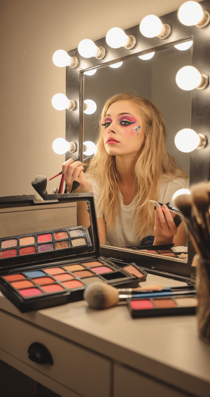 World Book Day Costumes: The Ultimate Guide to Epic Character Dressing Up! A young woman applies vibrant character makeup at a well-lit vanity, surrounded by an organized professional makeup kit, brushes, and face paints. A vintage mirror with Hollywood-style bulbs reflects her focused expression as soft warm lighting enhances the intimate atmosphere of her transformation process.