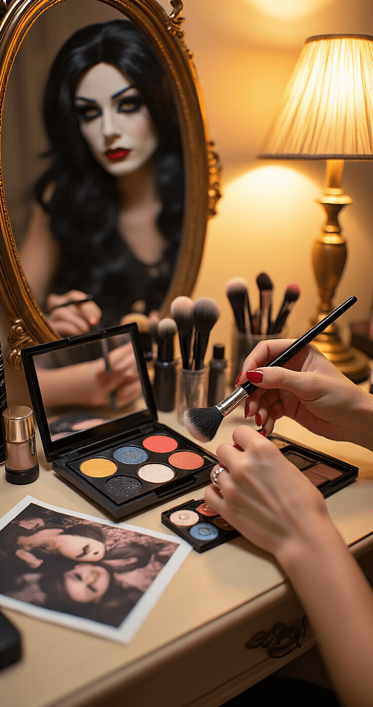 Close-up of hands skillfully applying character makeup at an intimate vanity table, surrounded by styling tools, colorful contact lenses, and character reference images, all bathed in a warm golden glow.