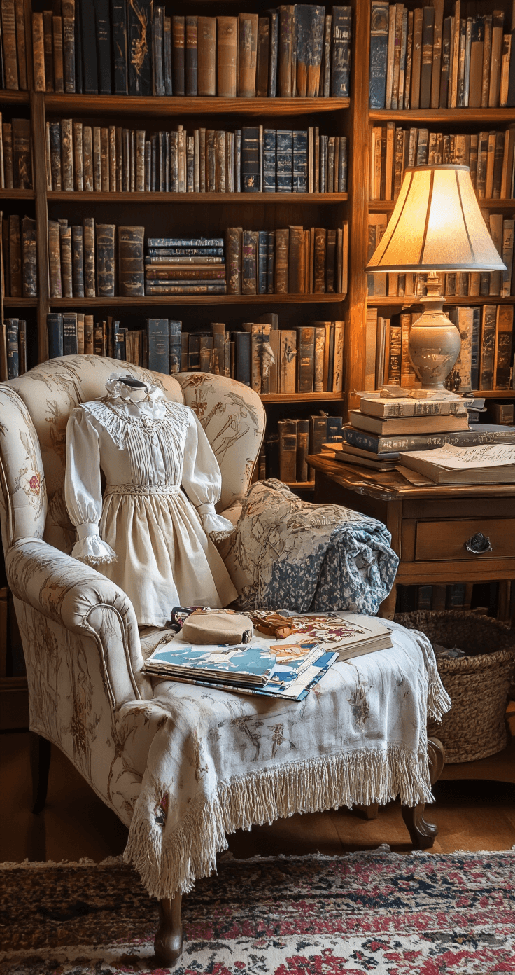 World Book Day Costumes: The Ultimate Guide to Epic Character Dressing Up! A cozy library corner featuring a vintage armchair and a wooden side table stacked with children's literature, costume sketches, and fabric swatches, illuminated by soft ambient lighting from a reading lamp, creating a scholarly atmosphere rich in literary and creative inspiration.