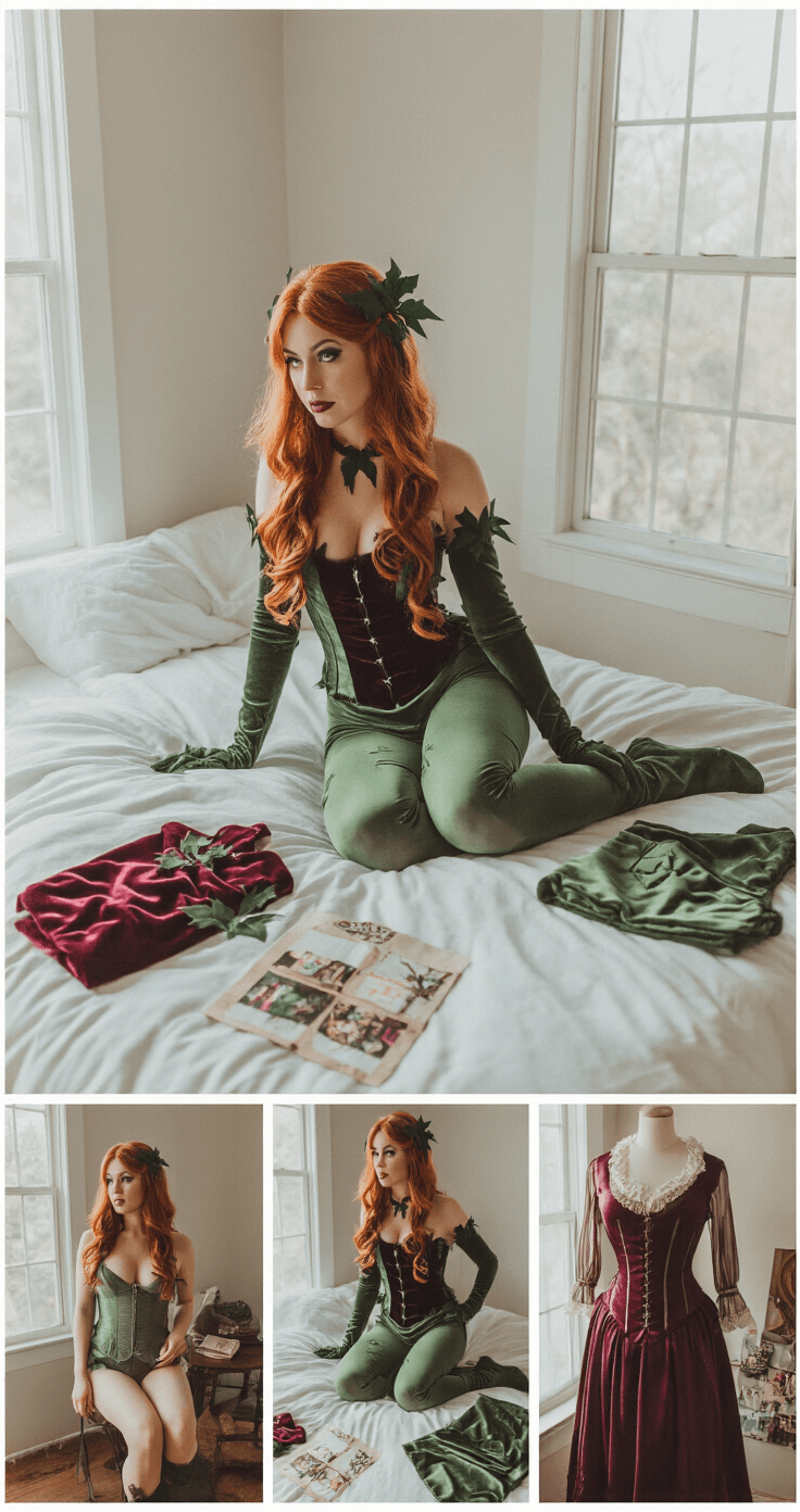 Unleash Your Inner Poison Ivy: The Ultimate Cosplay A cozy bedroom scene bathed in soft morning light, featuring a cosplayer styling various Poison Ivy costume variations on a minimalist white bedspread. The display includes deep burgundy velvet pieces, sage green athleisure-inspired outfits, and vintage pin-up accessories, with rich textures like satin and plush velvet. Scattered mood boards and accessories enhance the intimate atmosphere.