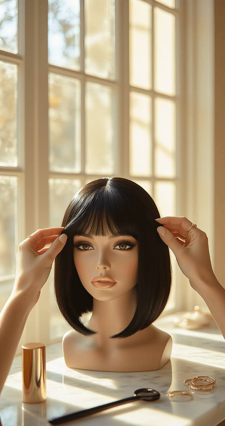 A fashion model adjusts a dramatic black bob wig at a white marble vanity, bathed in warm golden hour light from tall windows, highlighting the sleek hair texture and professional styling tools.