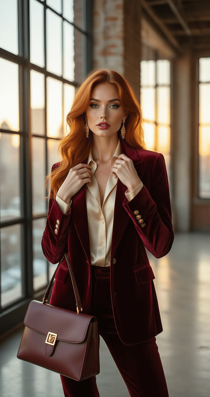 Red Hair Halloween Costume: Unleash Your Inner Pop Culture Icon A confident redhead model in a burgundy velvet blazer and cream silk blouse poses in an urban loft during golden hour, adjusting her blazer collar. Warm amber light fills the space, highlighting her gold earrings and stylish accessories against polished concrete floors.