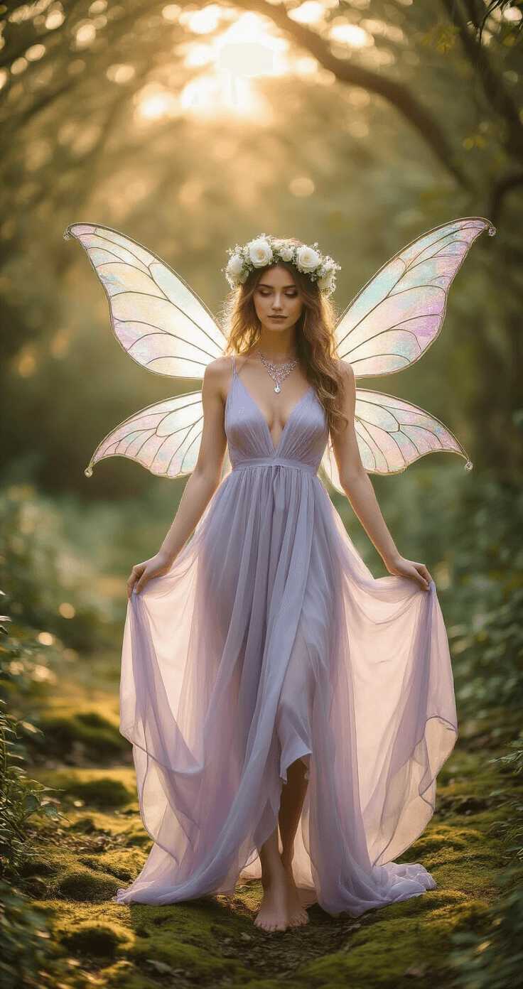 Fairy Cosplay: Creating Your Magical Look A woman in a flowing lavender and mint chiffon fairy dress poses gracefully in an enchanted garden during golden hour, with delicate iridescent wire-frame wings, a floral crown of white roses and baby's breath, and barefoot on moss-covered ground, surrounded by a dreamy bokeh background, capturing an ethereal and whimsical fairy-tale atmosphere.