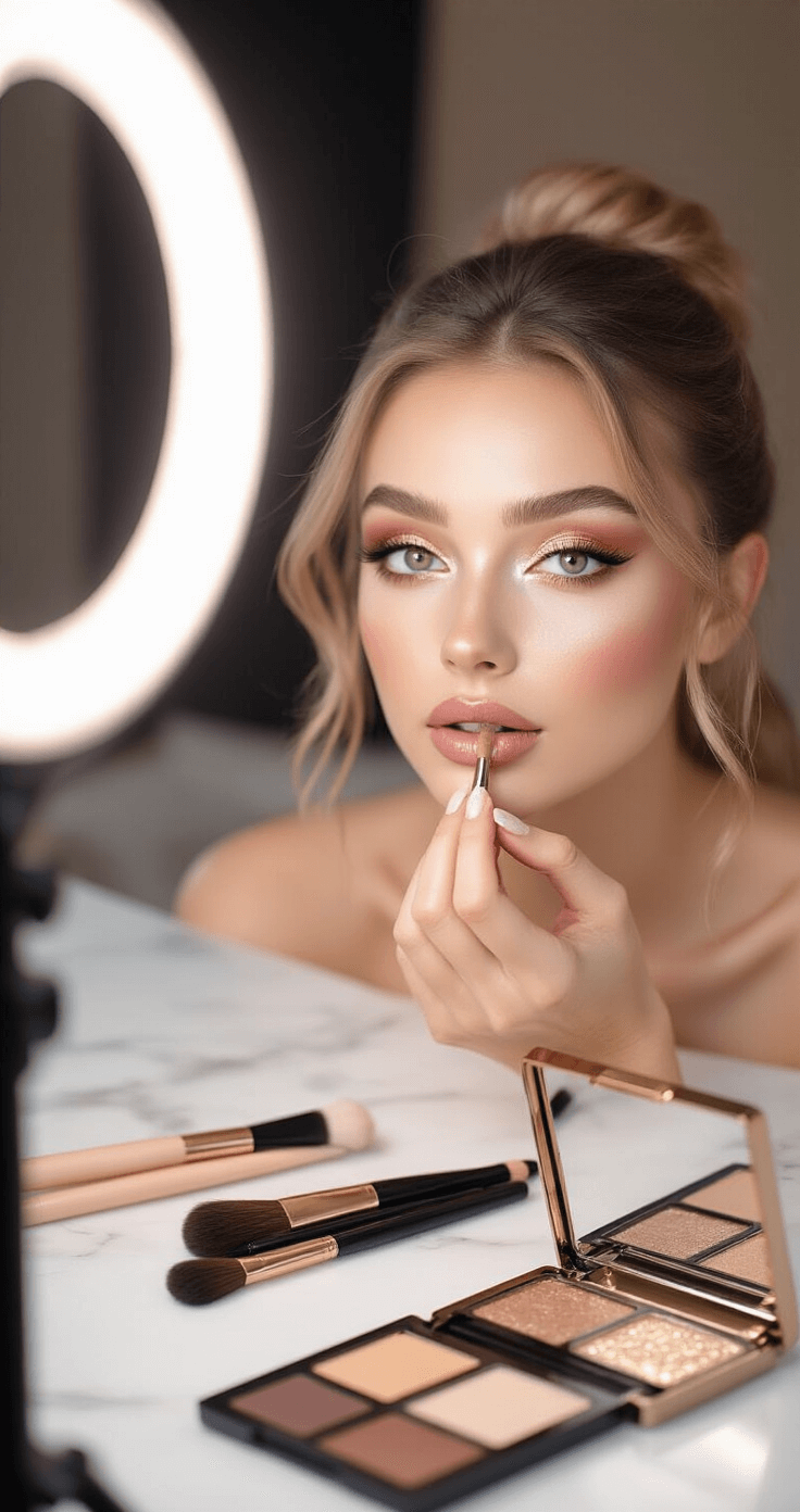 A close-up shot of a model applying ethereal fantasy makeup in a bright, natural makeup studio. Champagne highlighter, rose-toned eyeshadow, and sculpted brows are featured, with makeup brushes and palettes in nude and gold tones scattered on a white marble surface. The background is softly focused, showcasing professional beauty tools in crisp, flattering lighting, creating a transformative and artistic mood.