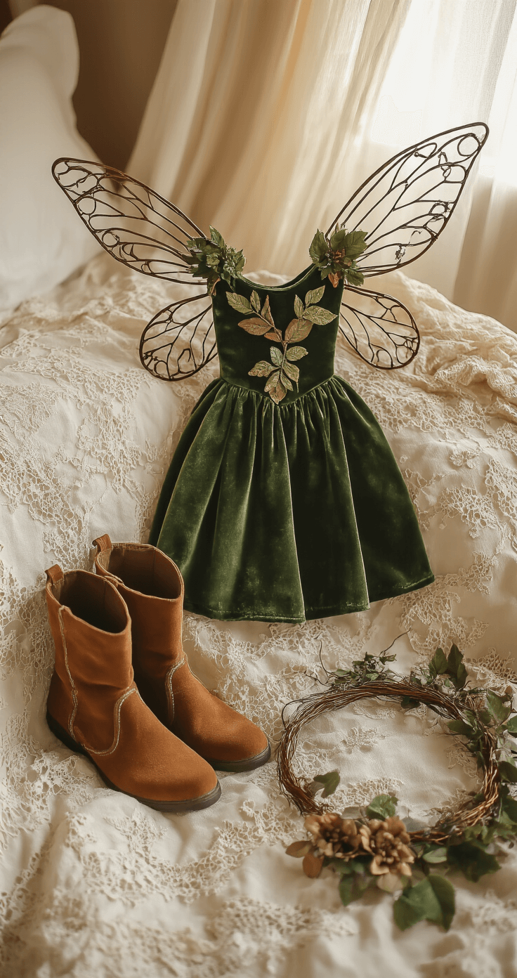 Fairy Cosplay: Creating Your Magical Look Cozy bedroom scene featuring a vintage lace bedspread adorned with fairy costume elements, including moss-green velvet dress, wire-crafted wings, and suede boots, all illuminated by soft morning light filtering through sheer curtains.