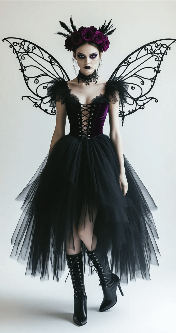 Fairy Cosplay: Creating Your Magical Look Model in a dramatic black tulle gown with deep purple accents and ornate lace-up boots, posing in a minimalist white studio. Gothic wire wings adorned with black sheer fabric and silver studs, complemented by a dark floral crown of burgundy roses and black feathers. The model features smoky eye makeup with metallic purple highlights and matte black lipstick, captured in professional ring lighting that enhances the shadows and creates a mysterious, high-fashion atmosphere.