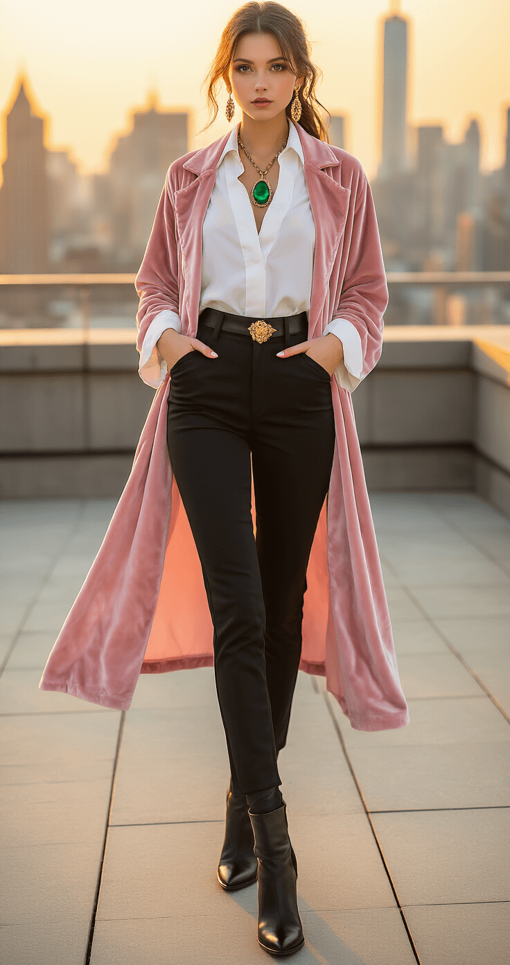 A confident model in a flowing pink velvet coat and white poet shirt stands on a chic urban rooftop terrace during golden hour, showcasing a complete fantasy cosplay ensemble with fitted black trousers and leather ankle boots. The emerald green pendant necklace sparkles in the warm amber light, complemented by gold statement rings and decorative ear clips, set against a rich-textured city skyline backdrop.