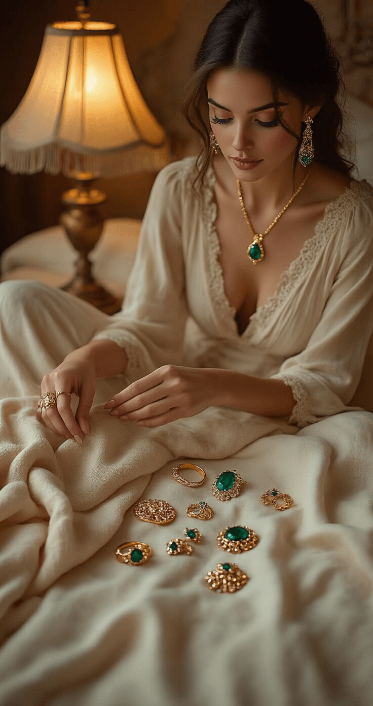 Cozy bedroom with warm ambient lighting; model sitting cross-legged on cream linen bedding, arranging gold rings, emerald pendant necklace, blue crystal earrings, and decorative ear clips on a soft cashmere throw, captured from above with soft shadows.