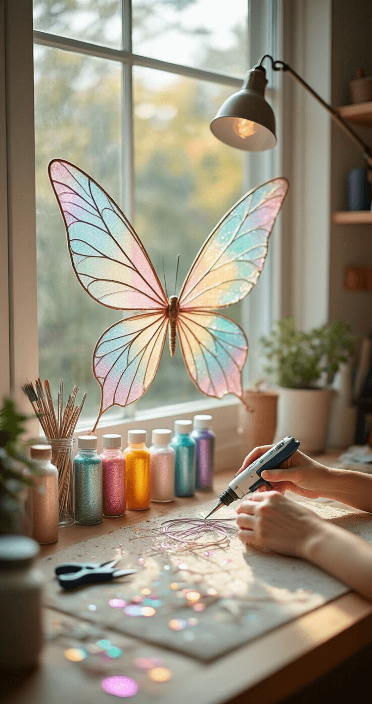 Fairy Cosplay: Creating Your Magical Look Bright and organized craft room showcasing a DIY fairy wing project, featuring thick craft wire, iridescent pantyhose, colorful glitter bottles, and a hot glue gun. Half-finished wings illustrate the creative process, illuminated by natural light and a desk lamp, with hands using wire cutters to shape the delicate framework. The scene is captured overhead, highlighting a warm, productive atmosphere in a pastel color palette with metallic accents.