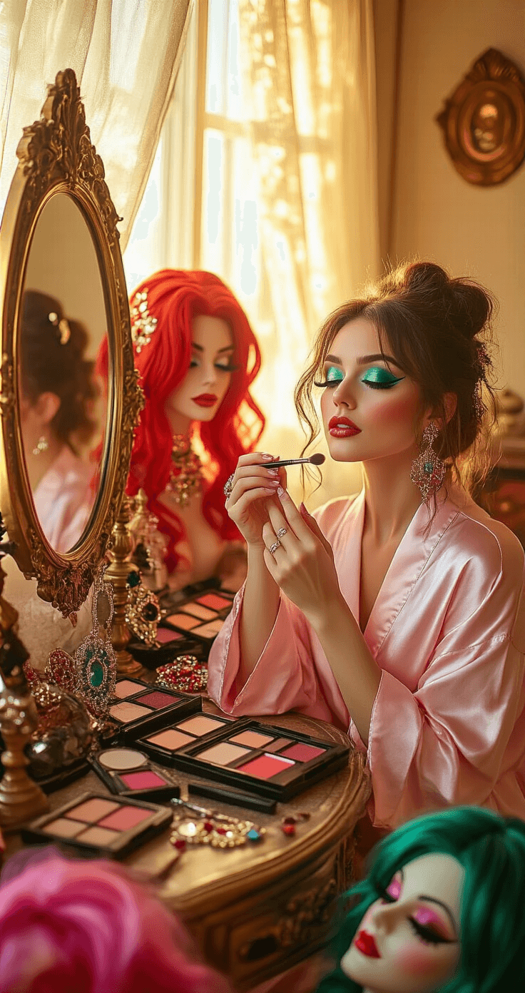 Red Hair Halloween Costume: Unleash Your Inner Pop Culture Icon A woman in a soft pink robe applies emerald eyeshadow at a vintage vanity surrounded by makeup palettes, costume jewelry, and colorful wigs, with warm sunset light filtering through sheer curtains, illuminating ornate mirrors and brass fixtures.