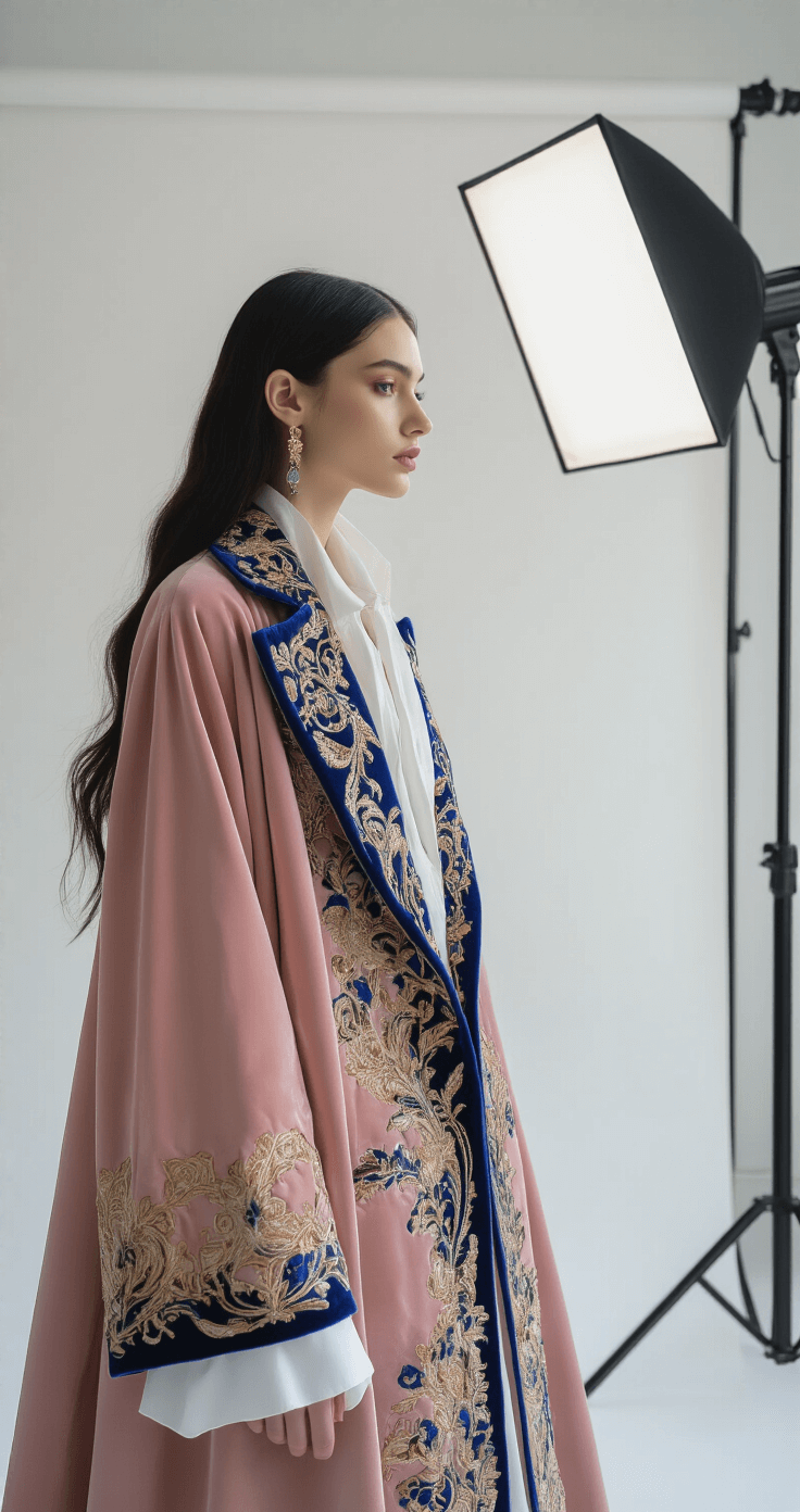 Model in a structured pink coat with blue and gold embroidery, side profile against a clean white backdrop, showcasing flowing white shirt sleeves and sleek black hair, embodying a minimalist fashion studio atmosphere with rich textures and an enchanting color palette.