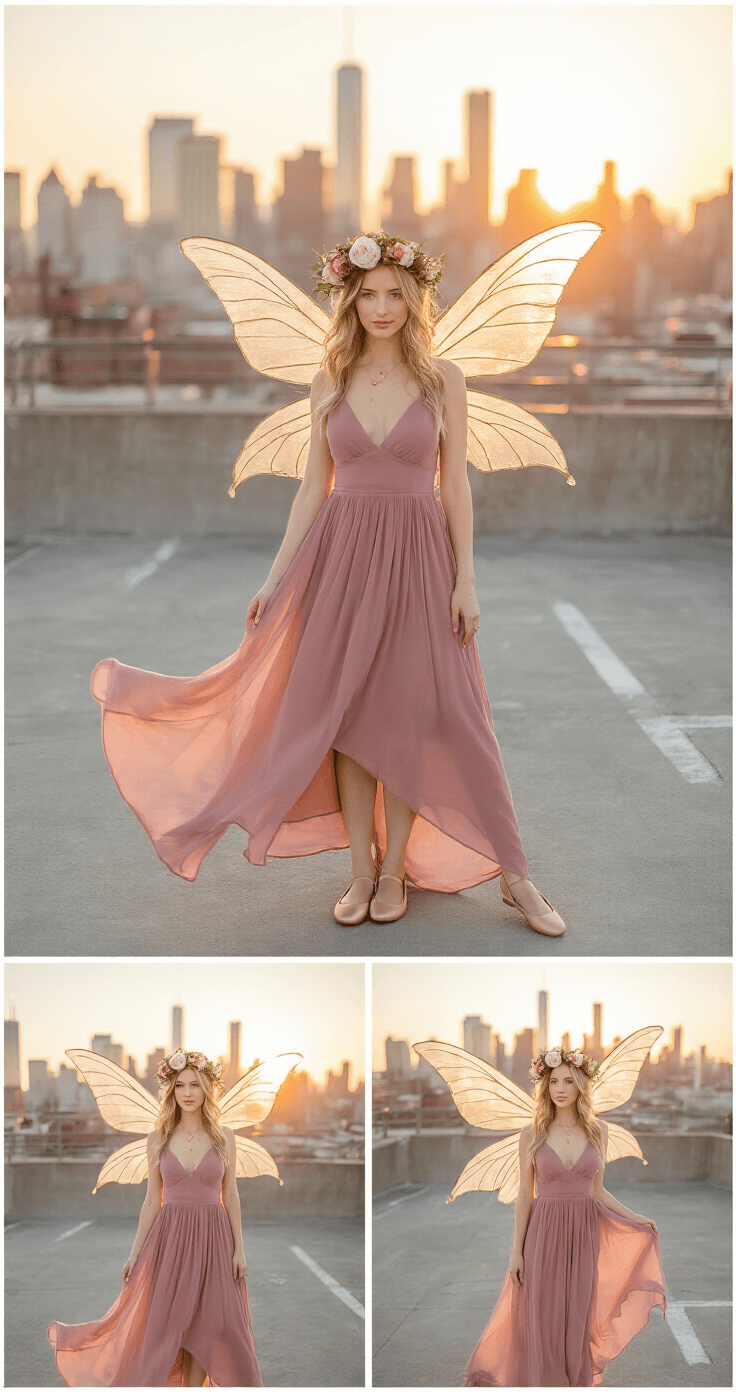 Fairy Cosplay: Creating Your Magical Look A modern fairy poses on an urban rooftop at sunset, wearing a dusty rose chiffon midi dress and nude ballet flats, with translucent wings reflecting the skyline. A fresh flower crown of peonies and eucalyptus adorns her head, while delicate gold jewelry glints in the warm light. The industrial backdrop contrasts with the ethereal aesthetic, captured with a shallow depth of field.
