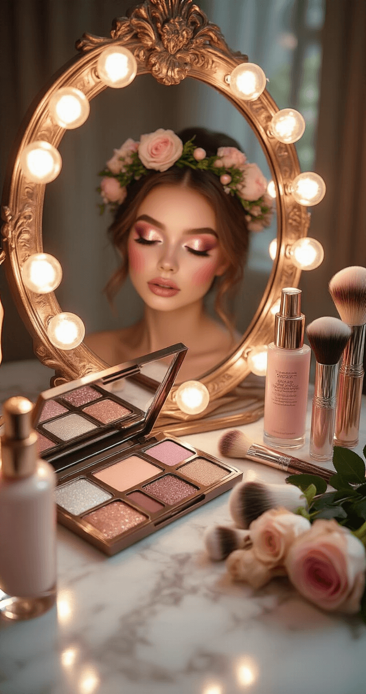 Fairy Cosplay: Creating Your Magical Look A close-up shot of an intimate vanity setup featuring a model in mid-makeup transformation, with one eye adorned in soft pink and silver shadows and the other in a natural look. The scene includes a vintage mirror with Hollywood bulbs, organized pastel shimmery eyeshadow palettes, glitter setting sprays, and natural-bristle brushes, set against a marble surface with rose gold accents. A floral crown with fresh baby roses rests nearby, all illuminated by warm professional lighting.