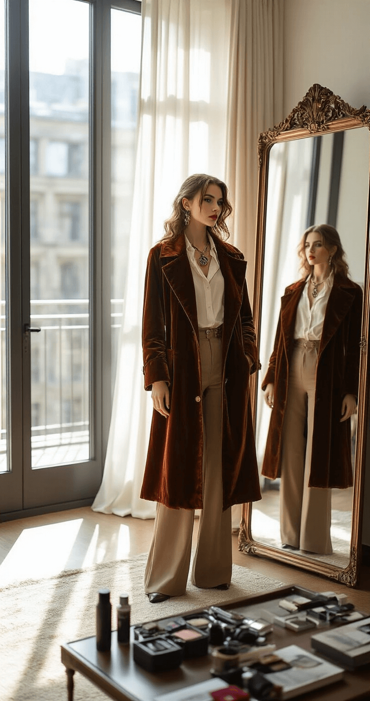 A stylish apartment living room with floor-to-ceiling windows, featuring a model making final adjustments to a vintage costume look in a full-length mirror, dressed in a velvet coat, cotton shirt, and fitted trousers. The scene includes organized styling tools on a coffee table, with soft shadows and highlights, capturing a confident moment of preparation.