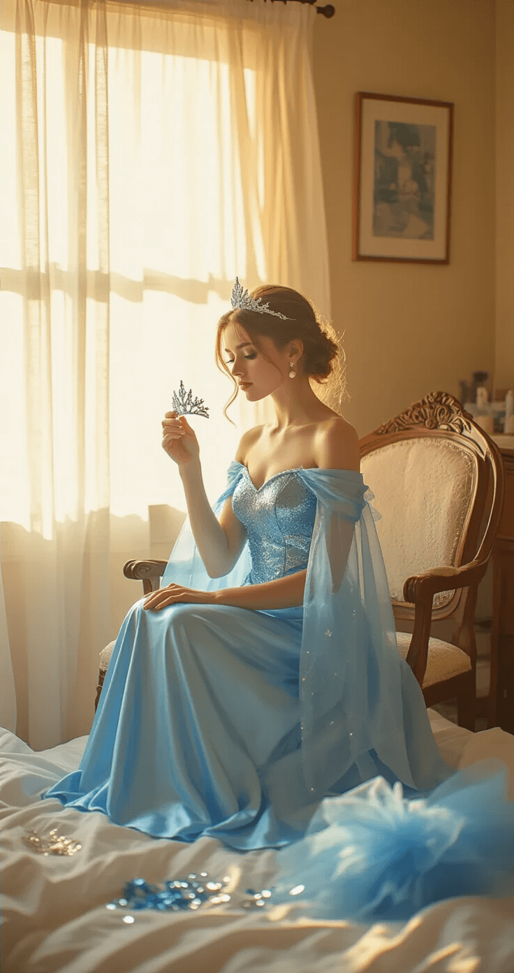 Disney Costumes: Your Ultimate Guide to Magical Dress-Up Magic! A young woman in a sunlit bedroom tries on an ice-blue Elsa costume, with a sequined bodice draped over a vintage chair, surrounded by craft supplies and warm golden light streaming through sheer curtains.