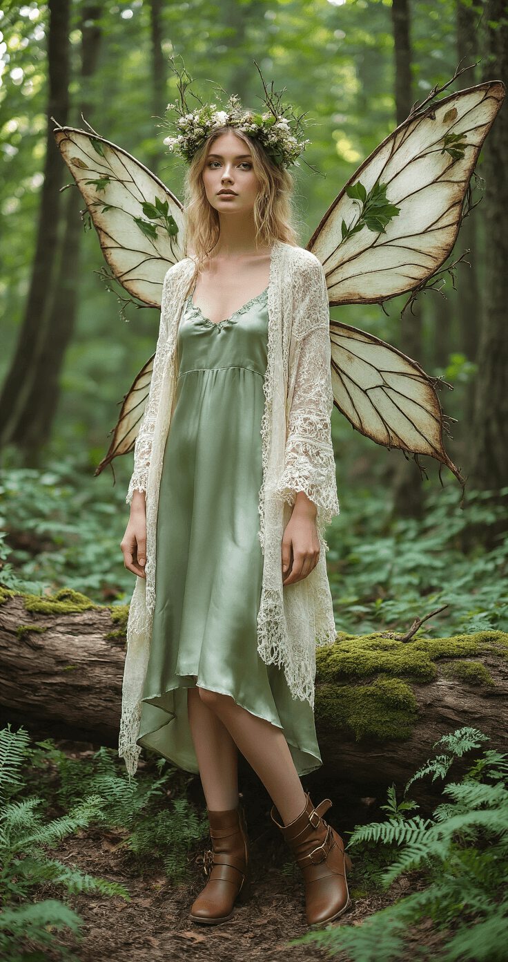 Fairy Cosplay: Creating Your Magical Look A model poses in an enchanted forest clearing, wearing a sage green silk slip dress layered with a cream lace cardigan and brown leather ankle boots, showcasing handcrafted wings made of twigs and preserved leaves. She wears a crown of wildflowers and ivy, with dappled forest light creating a magical atmosphere around her, while a moss-covered log and ferns enhance the scene.