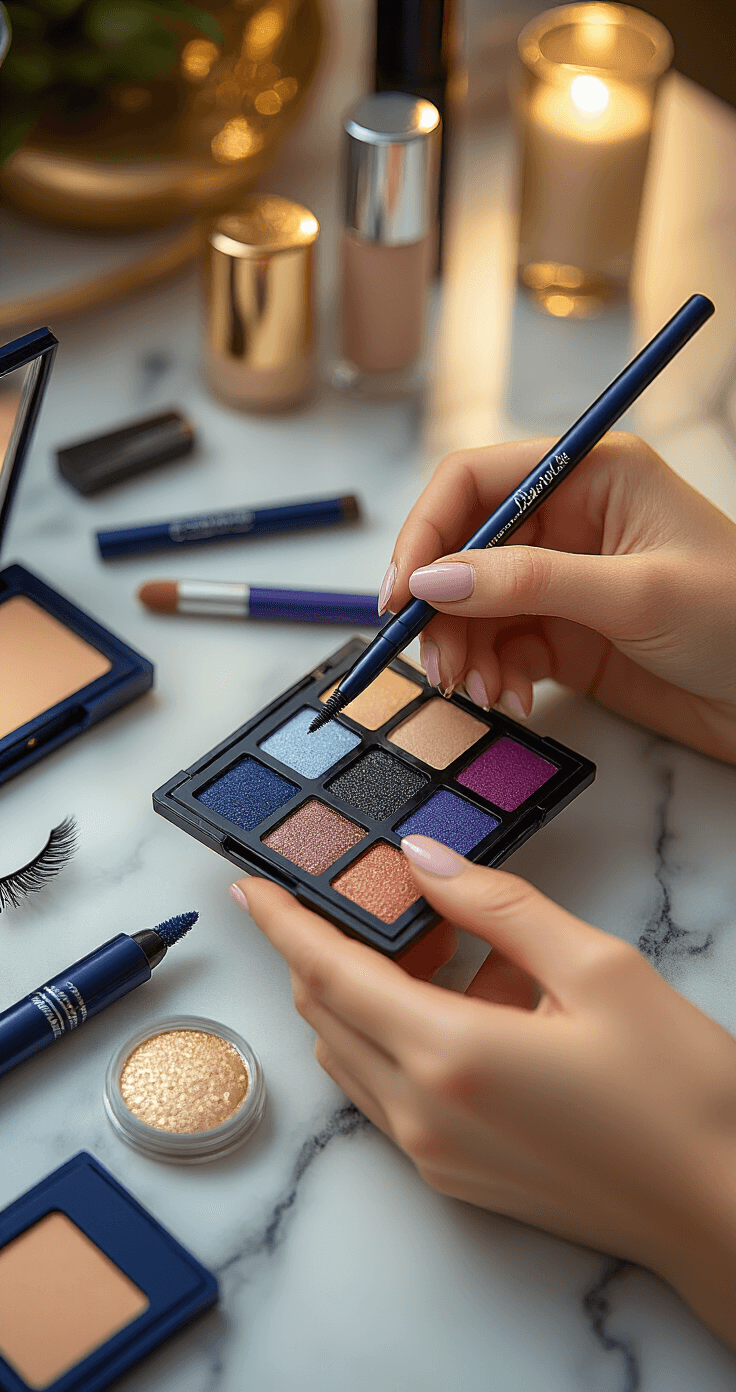 Close-up image of hands holding precision eyeliner, a blue-black brow pencil, and a violet eyeshadow palette on a marble vanity. Surrounding cosmetic products include false lashes and color-correcting concealer, illuminated by warm golden hour lighting, highlighting matte foundations and metallic packaging in navy and silver tones. The overhead angle emphasizes the artistry of cosplay preparation.