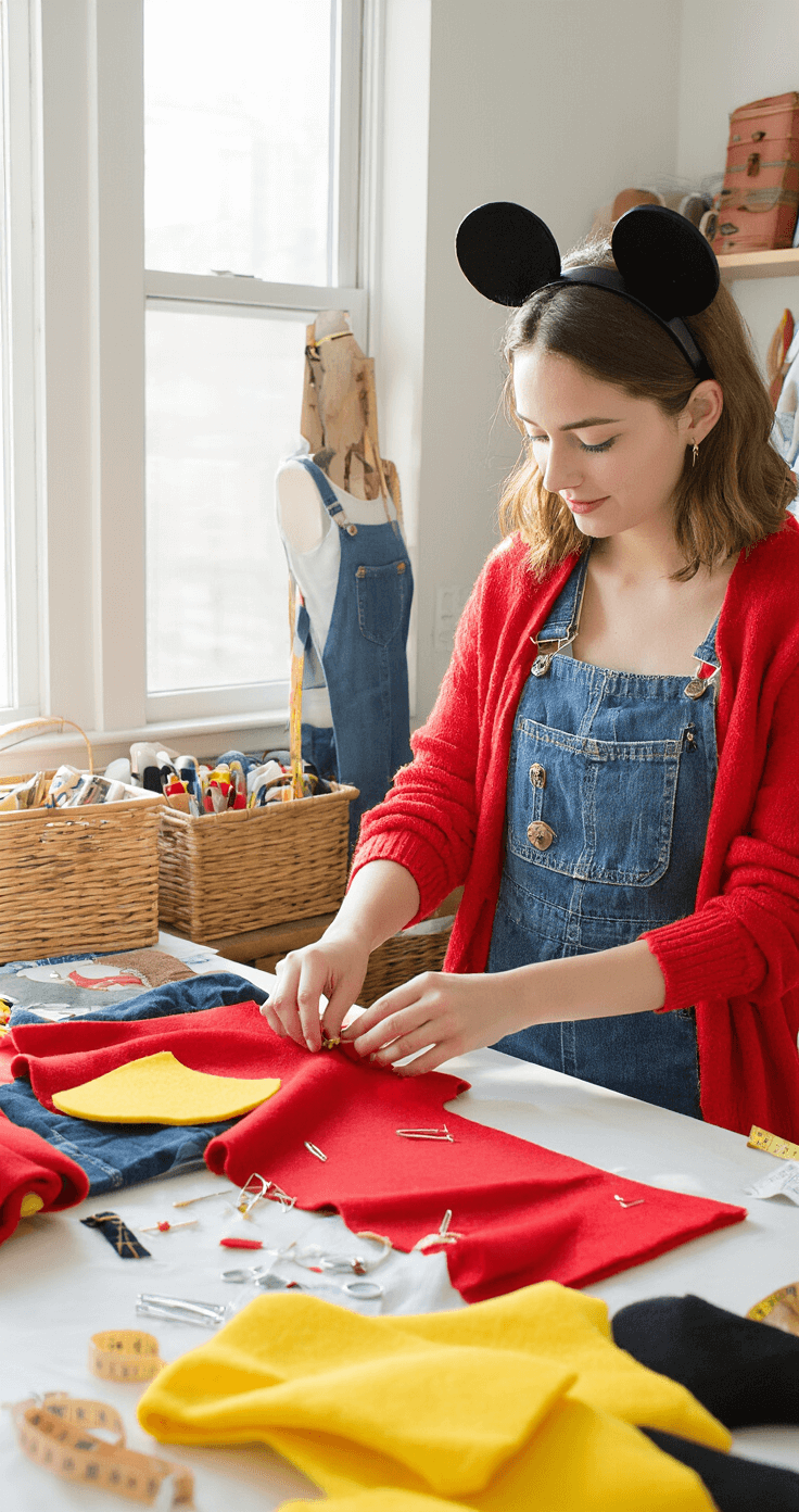 Disney Costumes: Your Ultimate Guide to Magical Dress-Up Magic! A bright studio apartment workspace showcasing a DIY costume creation process, with a crafting table covered in red felt, yellow craft foam, and safety pins for Mickey Mouse ears. Natural light illuminates a young woman measuring black fabric next to a vibrant red cardigan, surrounded by cotton t-shirts, denim overalls, and patent leather shoes, amidst organized supplies in wicker baskets and a casually draped measuring tape.