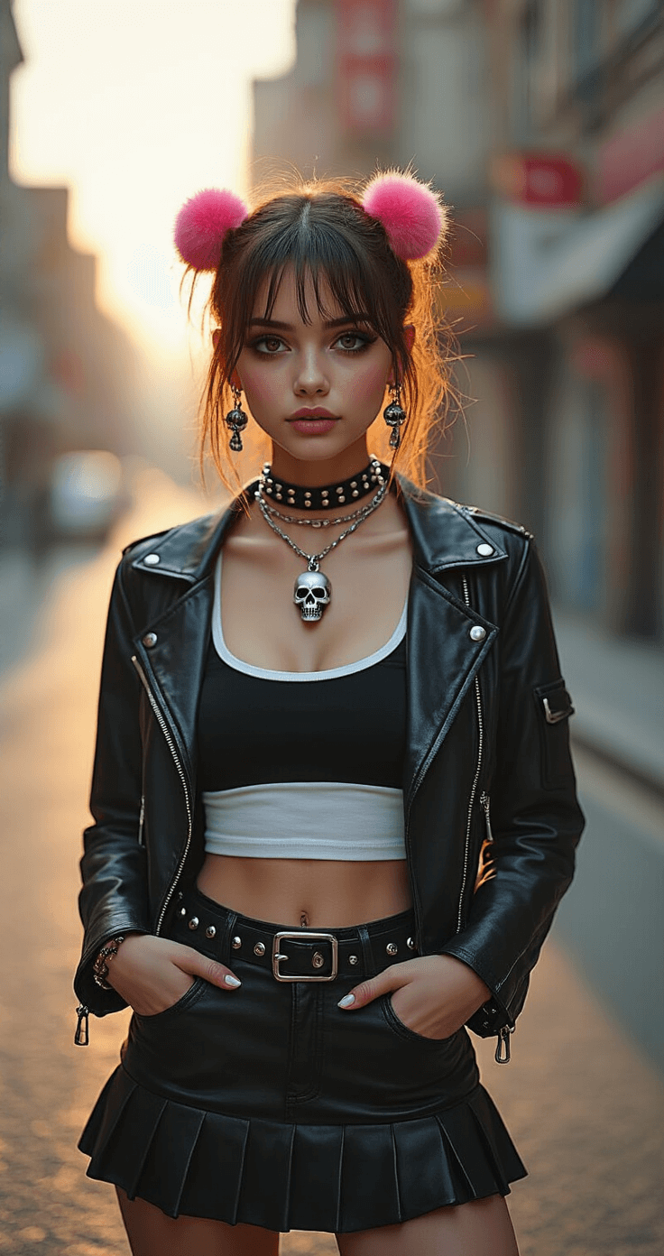 Kuromi Cosplay: Rocking the Punk Sanrio Style A young woman in trendy punk-kawaii streetwear stands confidently on an urban street corner during golden hour, wearing a black fitted bodysuit, silver skull jewelry, pink pom-pom hair clips, and a studded black choker. Her outfit features a black leather jacket over a white crop top, paired with a black mini skirt. The warm evening light casts dramatic shadows, emphasizing the textures of her attire.