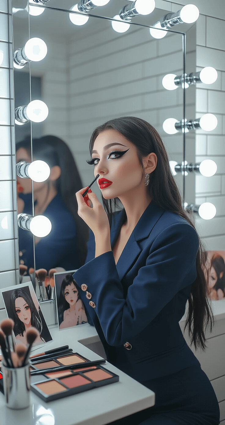 A cosplayer in a navy blazer and black pants practices makeup in a modern bathroom, illuminated by Hollywood-style mirror lighting. She focuses on dramatic winged eyeliner, surrounded by organized makeup tools and anime reference photos on the mirror frame, with chrome fixtures and white subway tiles reflecting the bright lights.