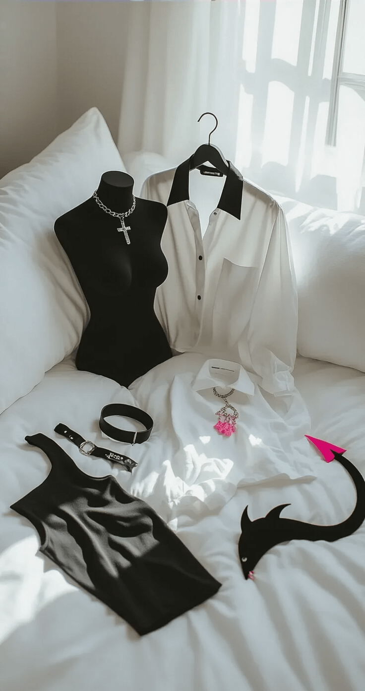 Kuromi Cosplay: Rocking the Punk Sanrio Style Intimate minimalist flat-lay of a Kuromi-inspired outfit on crisp white bedding, featuring a black bodysuit, oversized white shirt, and edgy accessories like a black collar and devil tail, all illuminated by soft window light.