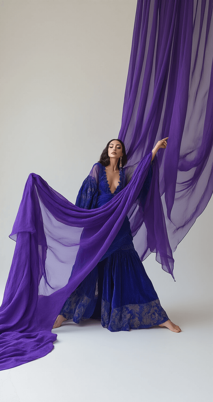 A woman in flowing indigo and violet fabrics poses in a photography studio, embodying Scaramouche's aesthetic. Soft box lighting highlights her elaborate false lashes and porcelain-finish foundation, while a deep purple backdrop and gently moved chiffon layers create an ethereal atmosphere.