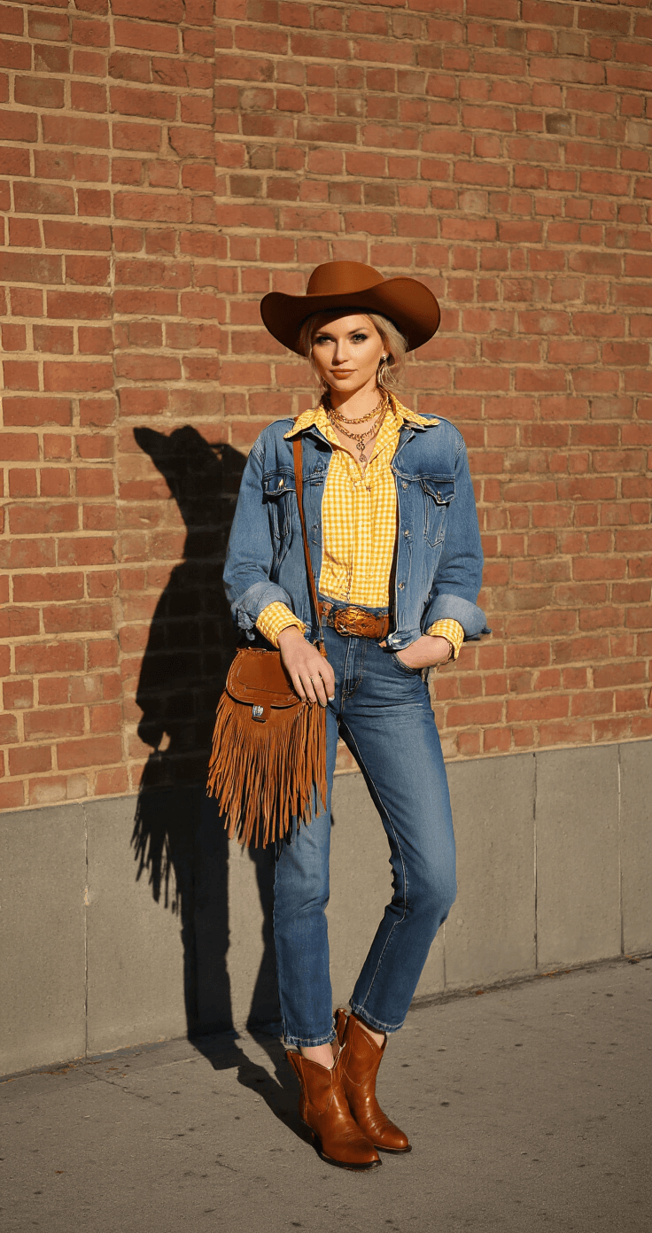 Disney Costumes: Your Ultimate Guide to Magical Dress-Up Magic! A model dressed in a Woody-inspired outfit, featuring a vintage denim jacket, yellow gingham shirt, brown leather ankle boots, and a tilted cowboy hat, poses confidently on a trendy urban corner. The late afternoon golden light casts dramatic shadows on a brick wall, while she accessorizes with a crossbody fringe bag and layered gold necklaces, blending urban style with Wild West elements.