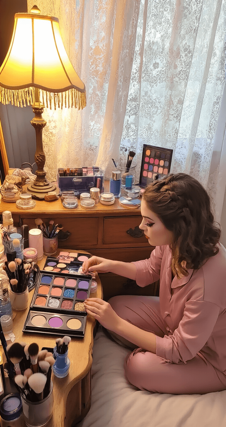 A cozy bedroom scene featuring a cosplayer in dusty rose pajamas organizing her Scaramouche makeup collection on a vintage wooden dresser, illuminated by warm lamp light and filtered afternoon sunlight through lace curtains, with glass cosmetic containers, brush rolls, color palettes in blues and purples, and dramatic false lashes scattered around.