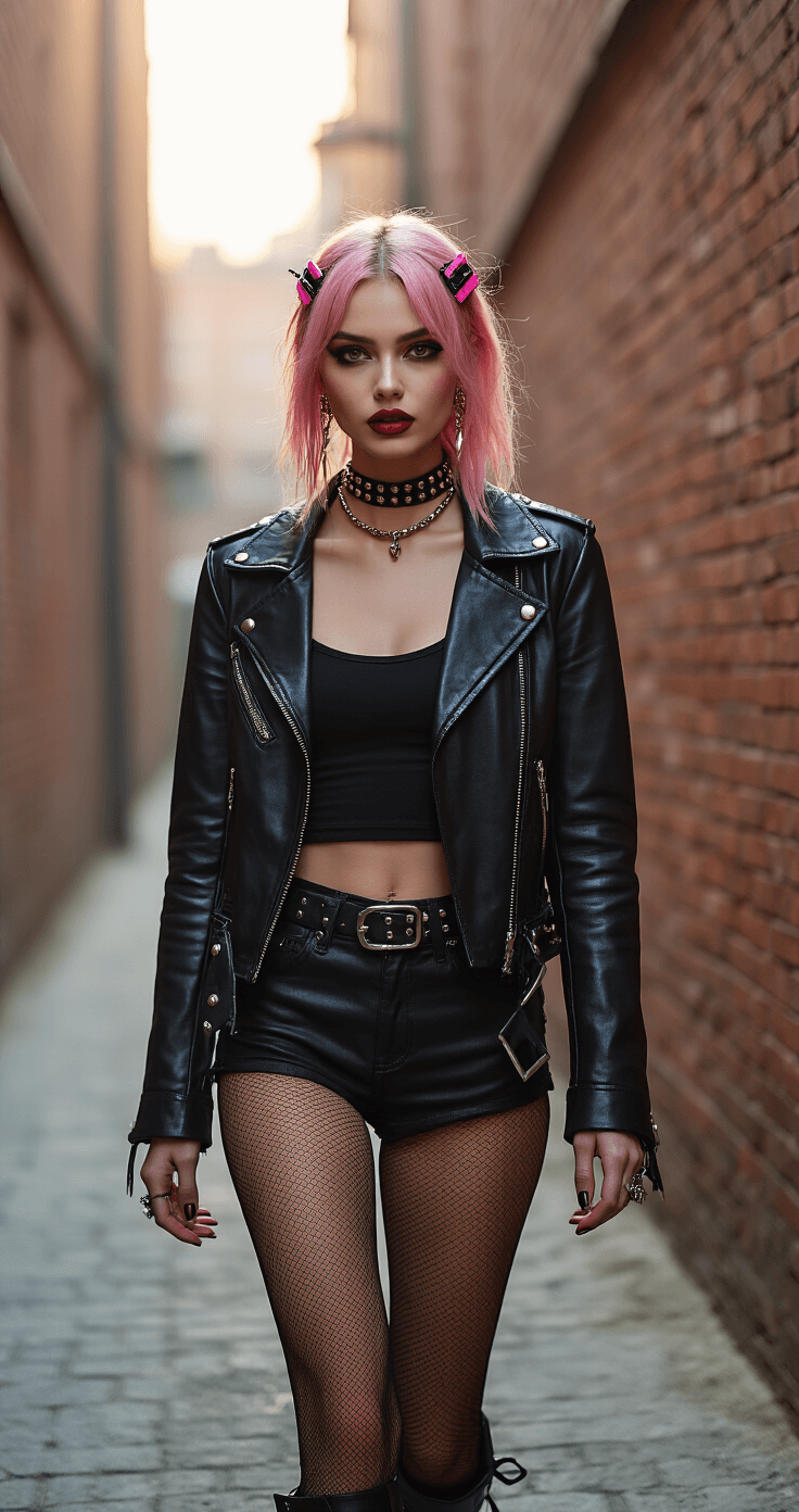 Kuromi Cosplay: Rocking the Punk Sanrio Style A confident model in punk-kawaii fashion walks down a chic urban alleyway, showcasing a black fitted outfit with a leather jacket, cotton bodysuit, and rebellious accessories. Her pink hair clips and edgy smoky eye makeup enhance the layered textures, while dramatic side lighting and a brick wall background contribute to the street photography aesthetic during golden hour. Shot from a low angle to emphasize her attitude, the image captures intricate fabric details and accessory placements.