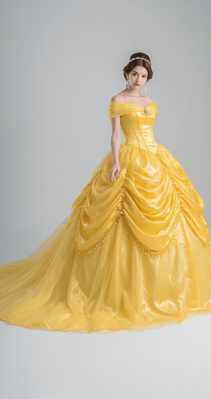 Disney Costumes: Your Ultimate Guide to Magical Dress-Up Magic! Model in a yellow ballgown with layers of golden tulle and a fitted satin bodice, styled in an elegant updo with pearl pins, posing in a minimalist white studio under soft box lighting that highlights the gown's intricate details and princess silhouette.
